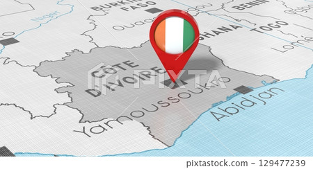 Ivory Coast, Yamoussoukro - location pin with national flag on political map - 3D illustration Ivory Coast, Yamoussoukro - location pin with national flag on political map - 3D illustration 129477239