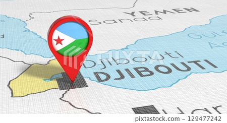 Djibouti - location pin with national flag on political map - 3D illustration Djibouti - location pin with national flag on political map - 3D illustration 129477242