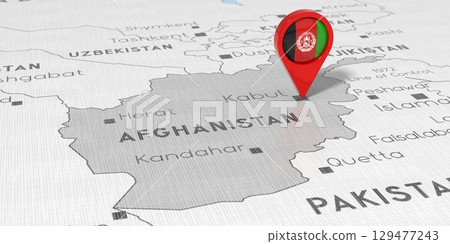 Afghanistan, Kabul - location pin with national flag on political map - 3D illustration 129477243