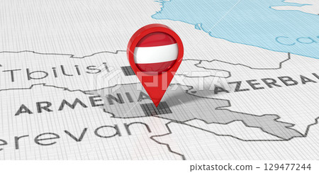 Armenia, Yerevan - location pin with national flag on political map - 3D illustration 129477244