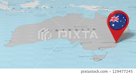 Australia, Canberra - location pin with national flag on political map - 3D illustration 129477245