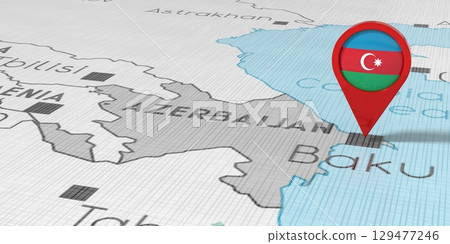 Azerbaijan, Baku - location pin with national flag on political map - 3D illustration 129477246