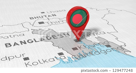 Bangladesh, Dhaka - location pin with national flag on political map - 3D illustration 129477248