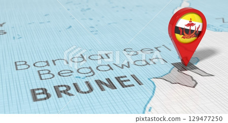 Brunei, Bandar Seri Begawan - location pin with national flag on political map - 3D illustration 129477250