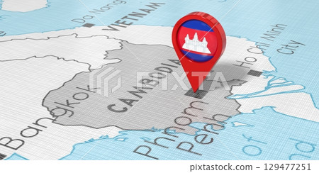 Cambodia, Phnom Penn - location pin with national flag on political map - 3D illustration Cambodia, Phnom Penn - location pin with national flag on political map - 3D illustration 129477251