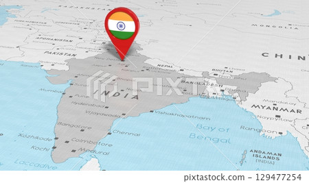India, New Delhi - location pin with national flag on political map - 3D illustration 129477254