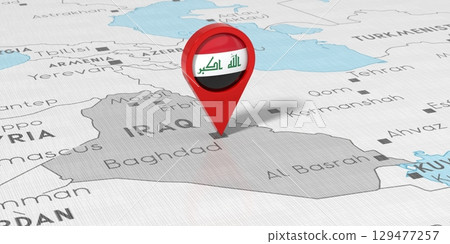 Iraq, Baghdad - location pin with national flag on political map - 3D illustration 129477257
