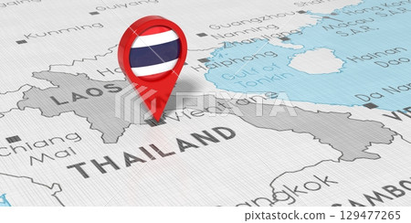 Thailand, Vientiane - location pin with national flag on political map - 3D illustration Thailand, Vientiane - location pin with national flag on political map - 3D illustration 129477265