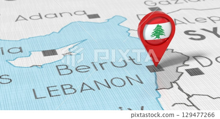 Lebanon, Beirut - location pin with national flag on political map - 3D illustration 129477266