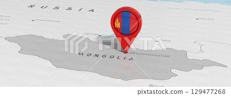 Mongolia, Ulaanbaatar - location pin with national flag on political map - 3D illustration Mongolia, Ulaanbaatar - location pin with national flag on political map - 3D illustration 129477268