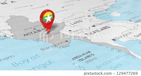 Myanmar, Naypyidaw - location pin with national flag on political map - 3D illustration 129477269