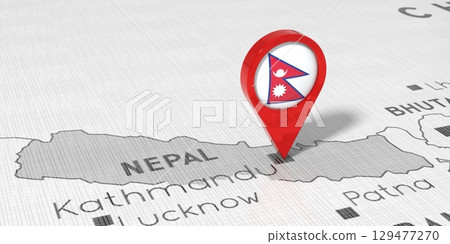 Nepal, Kathmandu - location pin with national flag on political map - 3D illustration 129477270
