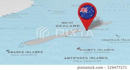 New Zealand, Wellington - location pin with national flag on political map - 3D illustration New Zealand, Wellington - location pin with national flag on political map - 3D illustration 129477271