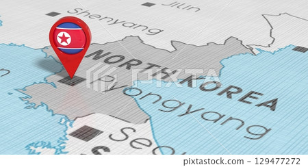 North Korea, Pyongyang - location pin with national flag on political map - 3D illustration 129477272