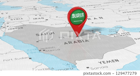 Saudi Arabia, Riyadh - location pin with national flag on political map - 3D illustration Saudi Arabia, Riyadh - location pin with national flag on political map - 3D illustration 129477279
