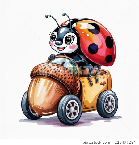 Charming Watercolor Illustration of a Ladybug Driving a Toy Car Made From an Acorn 129477284