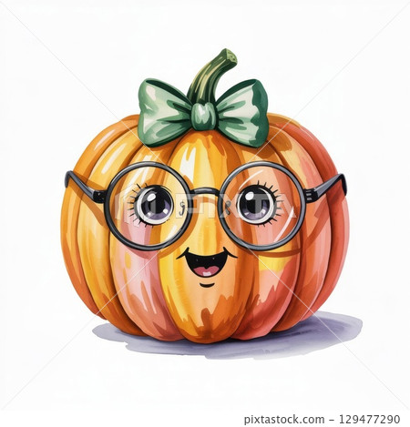 Cute Pumpkin Character With Glasses and a Bow in a Charming Watercolor Style Illustration 129477290