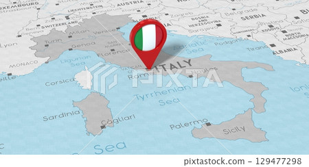 Italy, Rome - location pin with national flag on political map - 3D illustration 129477298