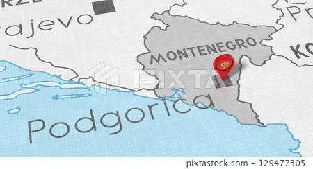 Montenegro, Podgorica - location pin with national flag on political map - 3D illustration 129477305