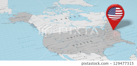 USA, United States of America with Alaska, Washington - location pin with national flag on political map - 3D illustration 129477315