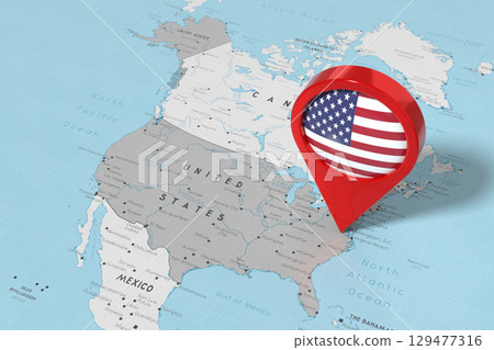 USA, United States of America with Alaska, Washington - location pin with national flag on political map - 3D illustration USA, United States of America with Alaska, Washington - location pin with national flag on political map - 3D illustration 129477316