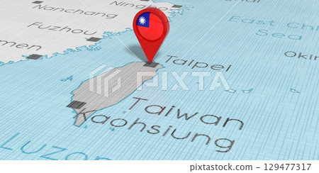 Taiwan, Taipei - location pin with national flag on political map - 3D illustration Taiwan, Taipei - location pin with national flag on political map - 3D illustration 129477317