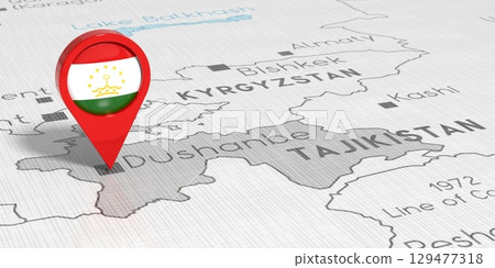 Tajikistan, Dushanbe - location pin with national flag on political map - 3D illustration 129477318