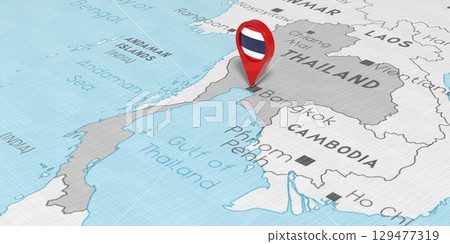 Thailand, Bangkok - location pin with national flag on political map - 3D illustration 129477319