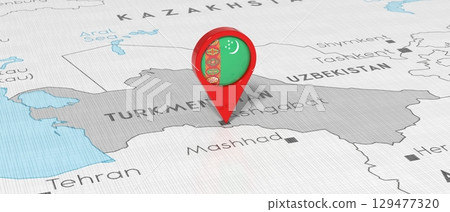 Turkmenistan, Ashgabat - location pin with national flag on political map - 3D illustration 129477320