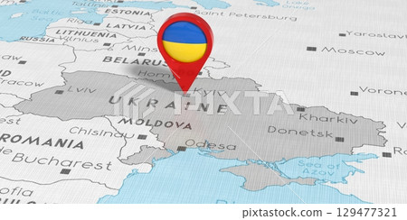 Ukraine, Kyiv - location pin with national flag on political map - 3D illustration Ukraine, Kyiv - location pin with national flag on political map - 3D illustration 129477321