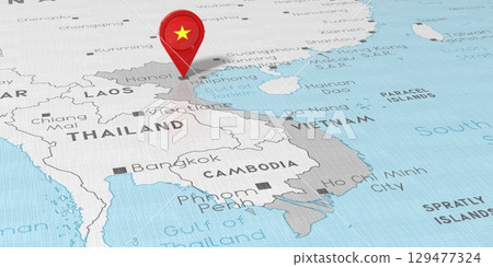 Vietnam, Hanoi - location pin with national flag on political map - 3D illustration 129477324