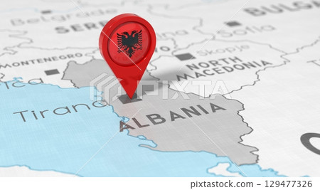 Albania, Tirana - location pin with national flag on political map - 3D illustration Albania, Tirana - location pin with national flag on political map - 3D illustration 129477326