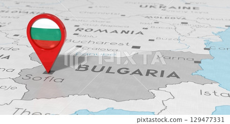 Bulgaria, Sofia - location pin with national flag on political map - 3D illustration Bulgaria, Sofia - location pin with national flag on political map - 3D illustration 129477331