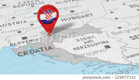 Croatia, Zagreb - location pin with national flag on political map - 3D illustration Croatia, Zagreb - location pin with national flag on political map - 3D illustration 129477332