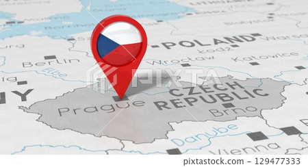 Czechia, Prague - location pin with national flag on political map - 3D illustration 129477333