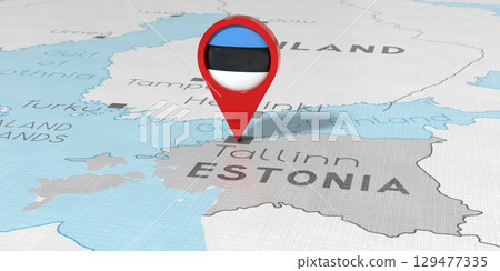 Estonia, Tallinn - location pin with national flag on political map - 3D illustration 129477335