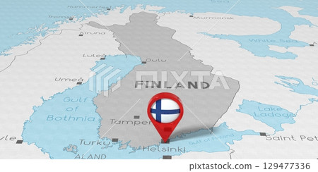 Finland, Helsinki - location pin with national flag on political map - 3D illustration 129477336
