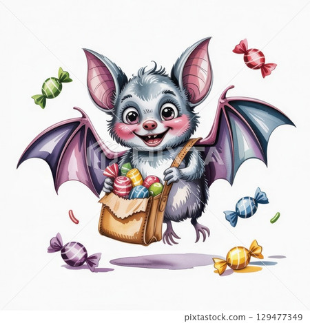 Charming Watercolor Illustration of a Playful Bat Holding Candy and Surrounded by Colorful Sweets Charming Watercolor Illustration of a Playful Bat Holding Candy and Surrounded by Colorful Sweets 129477349