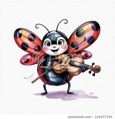 Colorful Watercolor Illustration of a Charming Ladybug Playing a Violin in a Whimsical Garden Setting 129477350