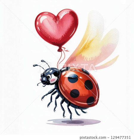 Charming Watercolor Illustration of a Ladybug With a Heart-Shaped Balloon Flying Through the Air Charming Watercolor Illustration of a Ladybug With a Heart-Shaped Balloon Flying Through the Air 129477351