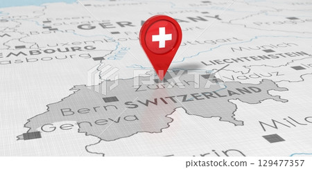 Switzerland, Zurich - location pin with national flag on political map - 3D illustration Switzerland, Zurich - location pin with national flag on political map - 3D illustration 129477357