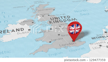 United Kingdom, London - location pin with national flag on political map - 3D illustration 129477359