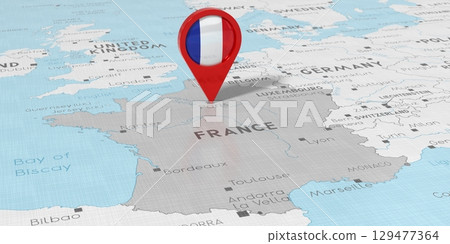 France, Paris - location pin with national flag on political map - 3D illustration France, Paris - location pin with national flag on political map - 3D illustration 129477364
