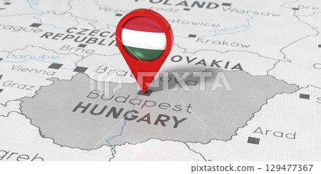 Hungary, Budapest - location pin with national flag on political map - 3D illustration 129477367