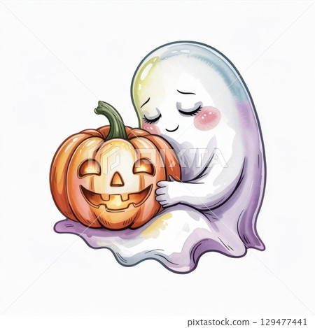 Sweet Ghost Cuddling a Carved Pumpkin in a Whimsical Watercolor Illustration for Halloween Decor 129477441