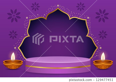 Festive purple stage for Diwali with traditional Indian oil lamps dhya, golden ornamental backdrop, glowing lights  129477451