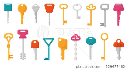 Cartoon keys. Different key for locks, retro and modern design. Isolated keys different sizes and types, rental real estate mortgage symbols neoteric vector set Cartoon keys. Different key for locks, retro and modern design. Isolated keys different sizes and types, rental real estate mortgage symbols neoteric vector set 129477462