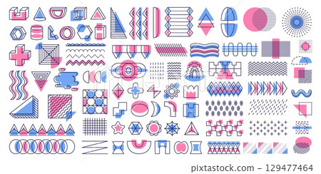 Geometrical shapes design. Vintage style lines elements with color decor. Geometric silhouettes, arches, simple 3d objects neoteric vector collection Geometrical shapes design. Vintage style lines elements with color decor. Geometric silhouettes, arches, simple 3d objects neoteric vector collection 129477464