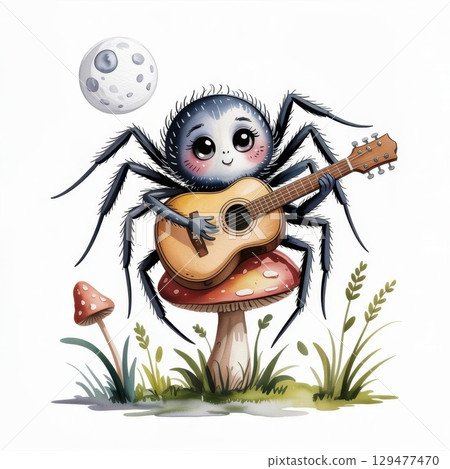 Whimsical Spider Playing Guitar on a Mushroom Under a Moonlit Sky 129477470