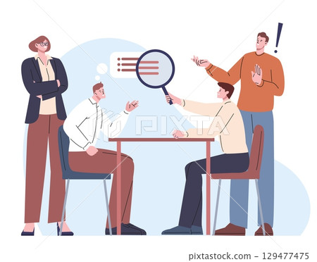 Work communication process. Men talking, discuss ideas, proposals, plans for project. Looking opinion with magnifying glass, vector office concept 129477475